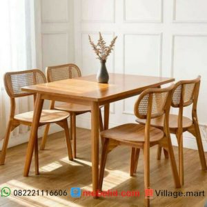 Set kursi makan kacang minimalis sandaran rotan bahan kayu jati asli jepara