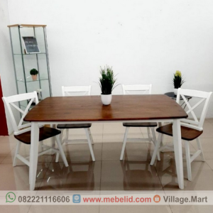 Set meja makan minimalis 4 kursi silang warna kombinasi duco putih ukuran meja 140 cm