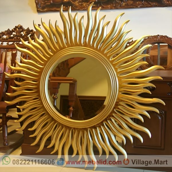 Pigura unik dan elegan model matahari warna emas mewah bahan kayu jati