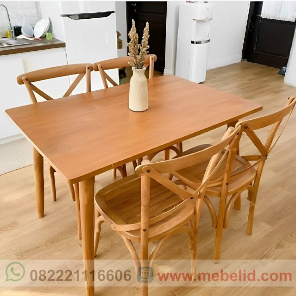 Set meja makan minimalis modern 4 kursi model kursi koboy sandaran silang bahan kayu jati asli berkualitas