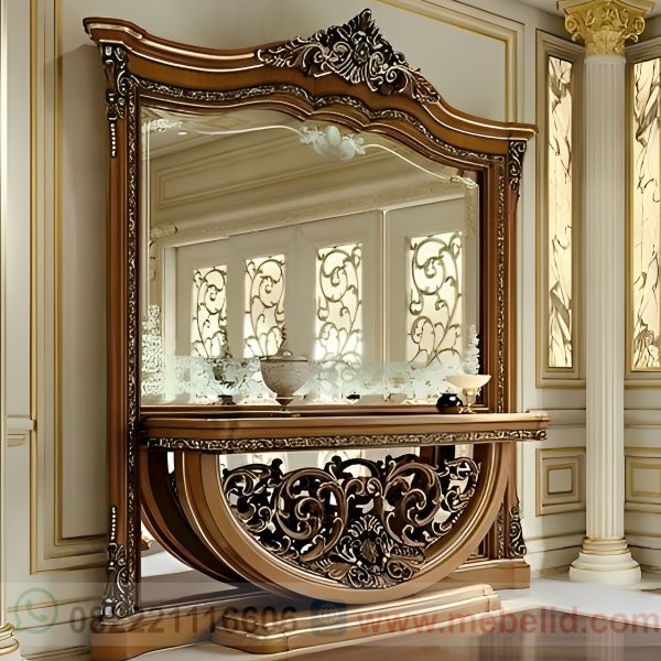 Meja konsul cermin hias ukiran mewah kayu jati berkualitas ukuran panjang 150 cm
