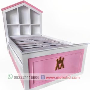 Dipan tempat tidur minimalis modern untuk anak perempuan model laci multifungsi warna pink kombinasi putih
