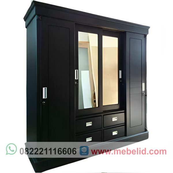 Lemari pakaian minimalis modern model pintu geser 4 pintu bahan kayu jati
