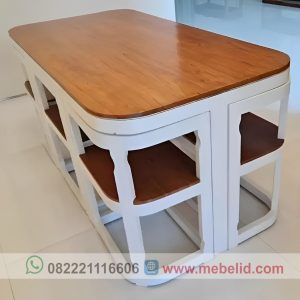 Meja makan oval minimalis set 6 kursi model hemat ruang bahan kayu jati berkualitas warna kombinasi duco putih