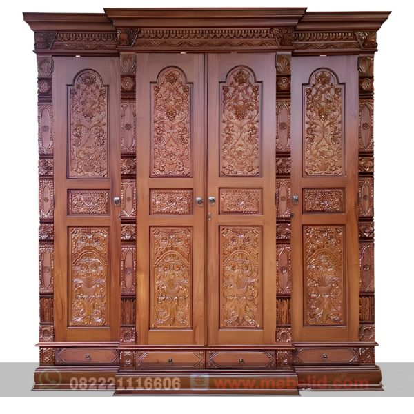 Lemari baju kayu jati model 4 pintu motif ukiran mewah khas jepara