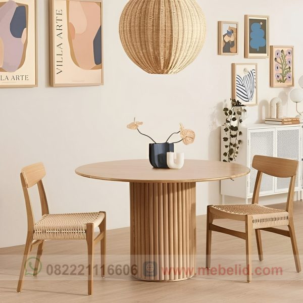Meja makan bundar minimalis set 2 kursi kayu jati kombinasi rotan model aesthetic