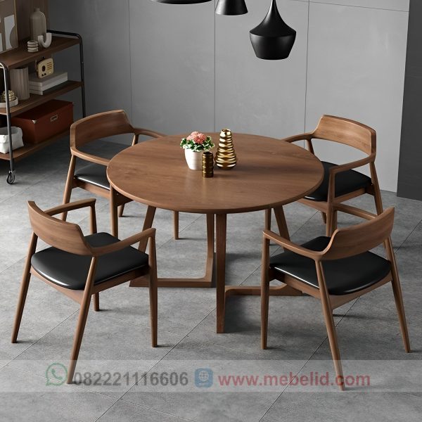 Meja makan minimalis jati 4 kursi kayu jati model meja bulat ukuran 100 cm