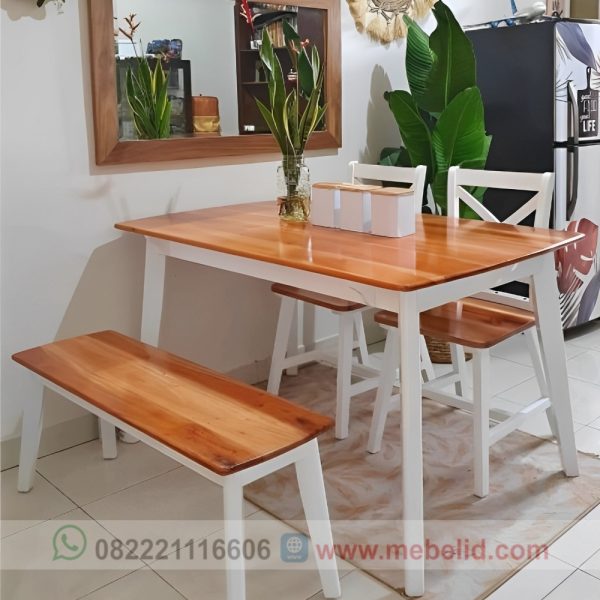 Model meja makan minimalis kayu jati warna kombinasi duco putih