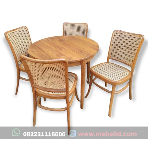 Set kursi makan kelvin rotan asli dan meja bulat aesthetic ukuran 90 cm