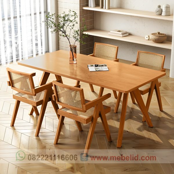 Set kursi makan rotan asli dan meja makan kayu jati ukuran meja 150 cm