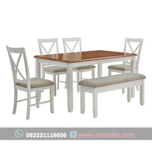 Set meja makan kombinasi warna putih 4 kursi dan 1 bench model jok