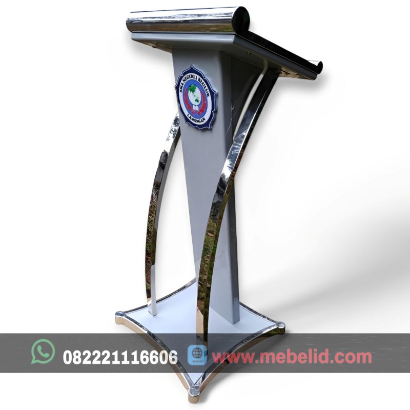 Meja Podium Pidato Minimalis Elegan Bahan Stainless Dan Kayu Jati Berkualitas Warna Abu-Abu Berkelas