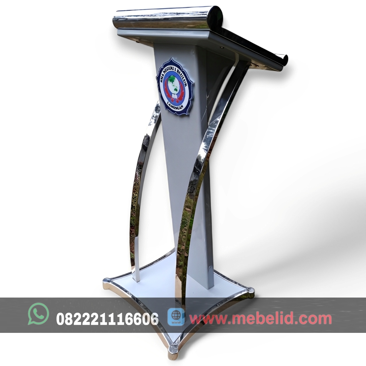 Meja Podium Pidato Minimalis Elegan Bahan Stainless Dan Kayu Jati Berkualitas Warna Abu-Abu Berkelas Meja Podium Pidato Minimalis Elegan Bahan Stainless Dan Kayu Jati Berkualitas Warna Abu-Abu Berkelas