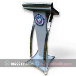 Meja Podium Pidato Minimalis Elegan Bahan Stainless Dan Kayu Jati Berkualitas Warna Abu-Abu Berkelas - Image 2