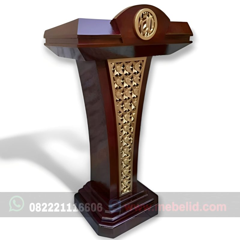 Mimbar Masjid Model Podium Untuk Pidato Bahan Kayu Jati Variasi Ukiran Warna Emas Mewah