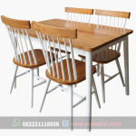 Set Meja Makan Minimalis Warna Kombinasi Putih Bahan Kayu Jati