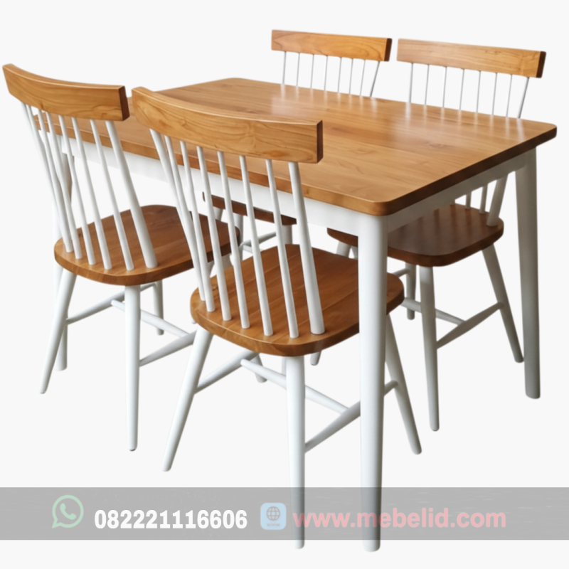 Set Meja Makan Minimalis Warna Kombinasi Putih Bahan Kayu Jati