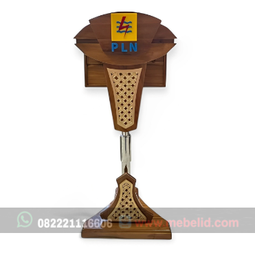 Podium Pidato Hidrolik Minimalis Adjustable Bisa Naik Turun Bahan Kayu Jati Dan Stainless