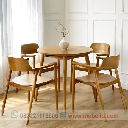 Set Kursi Makan Cafe Hiroshima Minimalis Meja Bulat Aesthetic Bahan Kayu Jati