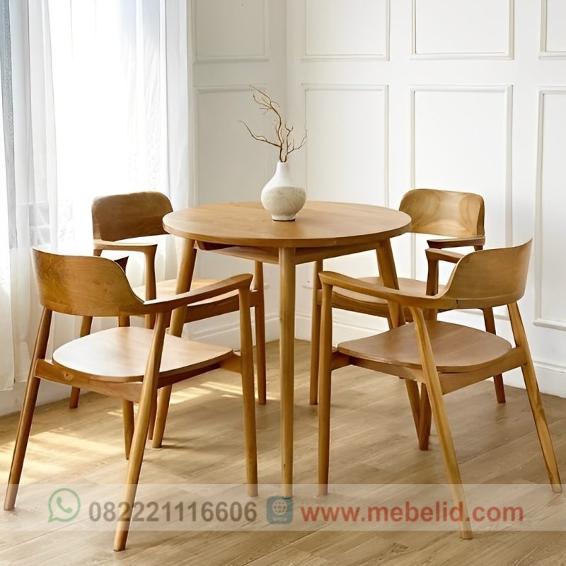 Set Kursi Makan Cafe Hiroshima Minimalis Meja Bulat Aesthetic Bahan Kayu Jati