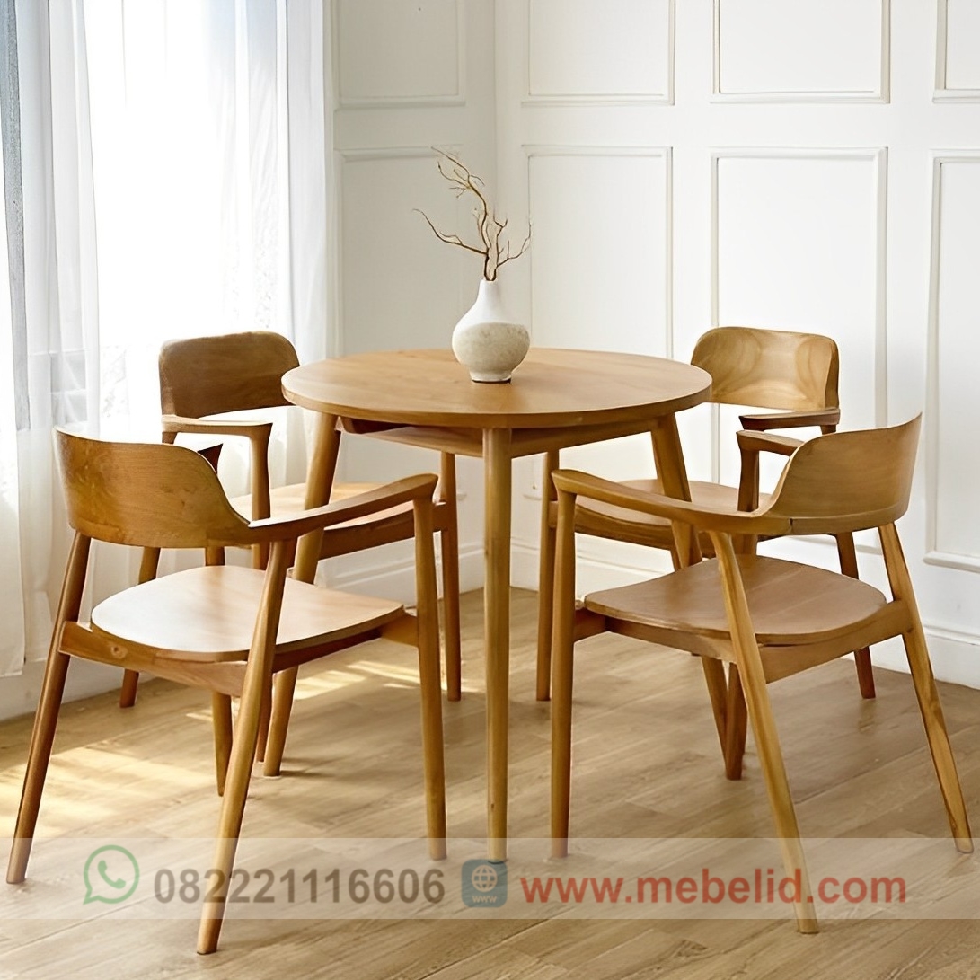Set Kursi Makan Cafe Hiroshima Minimalis Meja Bulat Aesthetic Bahan Kayu Jati Set Kursi Makan Cafe Hiroshima Minimalis Meja Bulat Aesthetic Bahan Kayu Jati