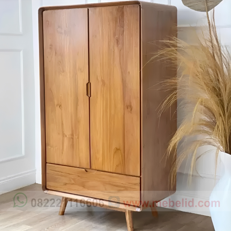 Lemari Pakaian Retro Minimalis 2 Pintu Bahan Kayu Jati Berkualitas