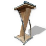 Meja Podium Pidato Minimalis Elegan Bahan Stainless Dan Kayu Jati Berkualitas Warna Abu-Abu Berkelas - Image 3