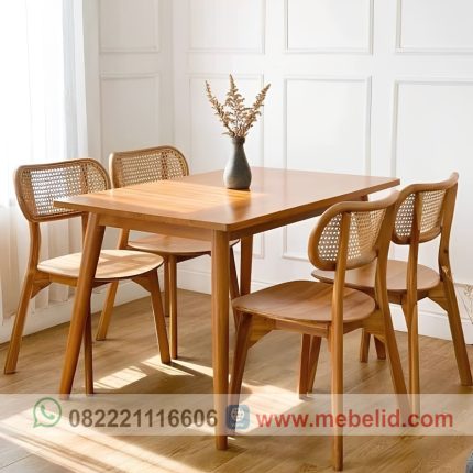 set meja makan kursi rotan dan kayu jati minimalis model simpel untuk ruang makan