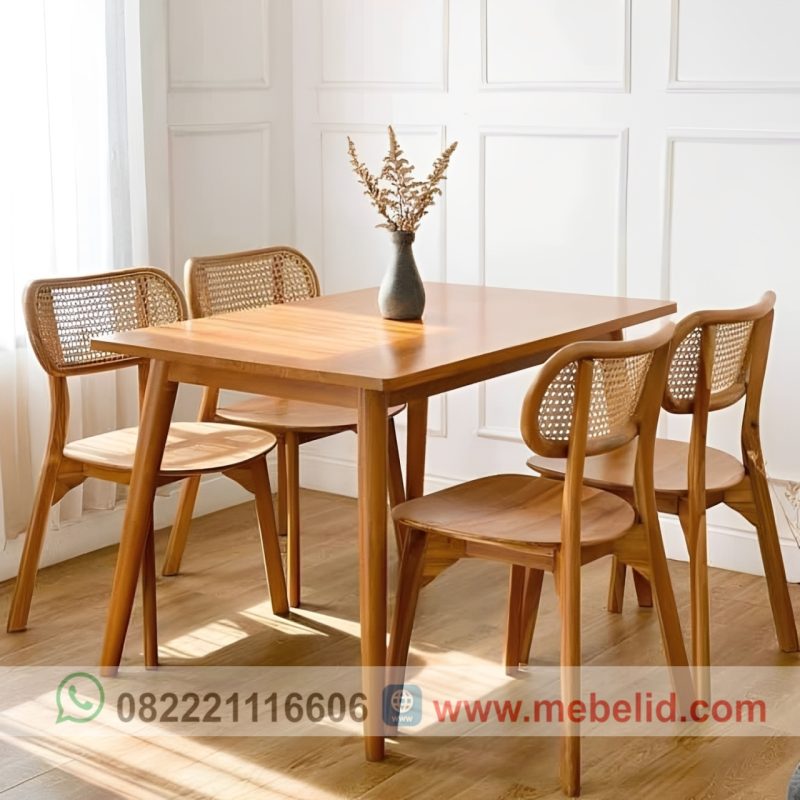 set meja makan kursi rotan dan kayu jati minimalis model simpel untuk ruang makan